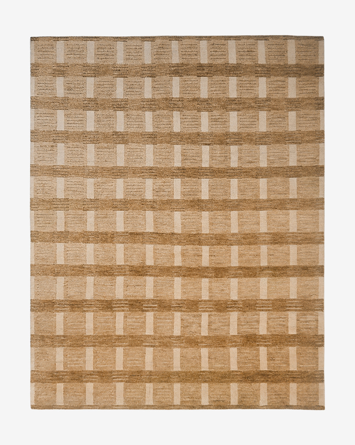 The Brenner Hand-Knotted Wool Rug is a square, neutral beige and tan area rug featuring a modern textured geometric grid with intersecting lines forming rectangles, creating a subtle checker pattern by McGee & Co.