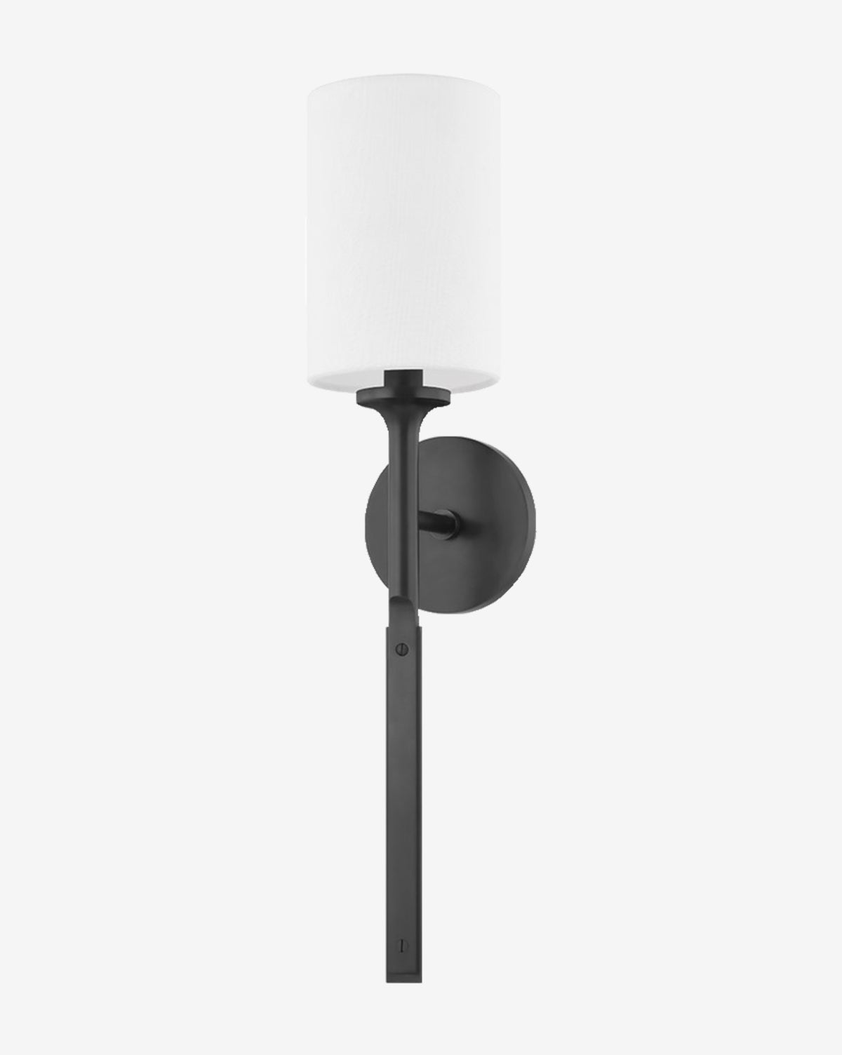 The Hudson Valley Lighting Brewster Sconce is a modern black fixture with a round backplate, straight vertical arm, and cylindrical white linen shade, reflecting minimalist aesthetics and sophisticated design by McGee & Co.