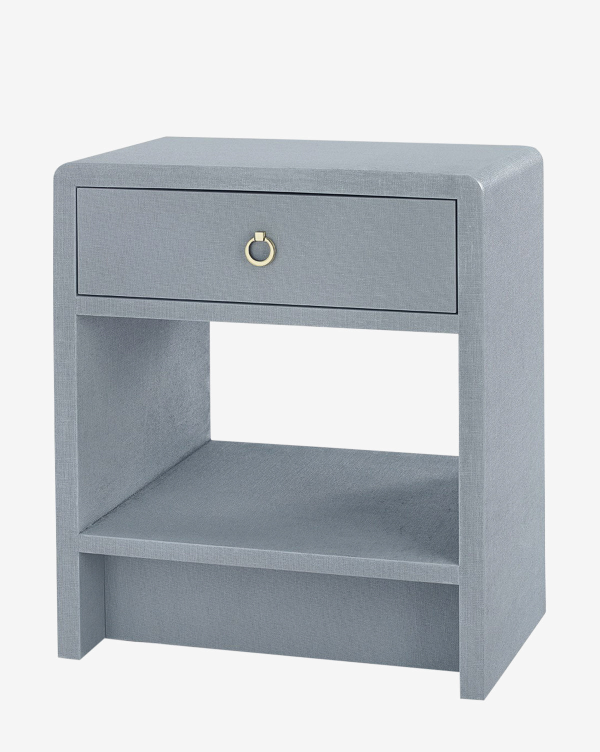 The Briar Nightstand features a modern light gray linen finish, one drawer with a round metal pull, and an open lower shelf, displayed against a plain white background.