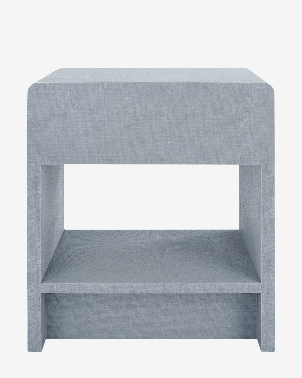 The Briar Nightstand features a minimalist design with a light gray linen finish, rectangular shape, open lower shelf, and smooth surfaces, shown against a plain white background.