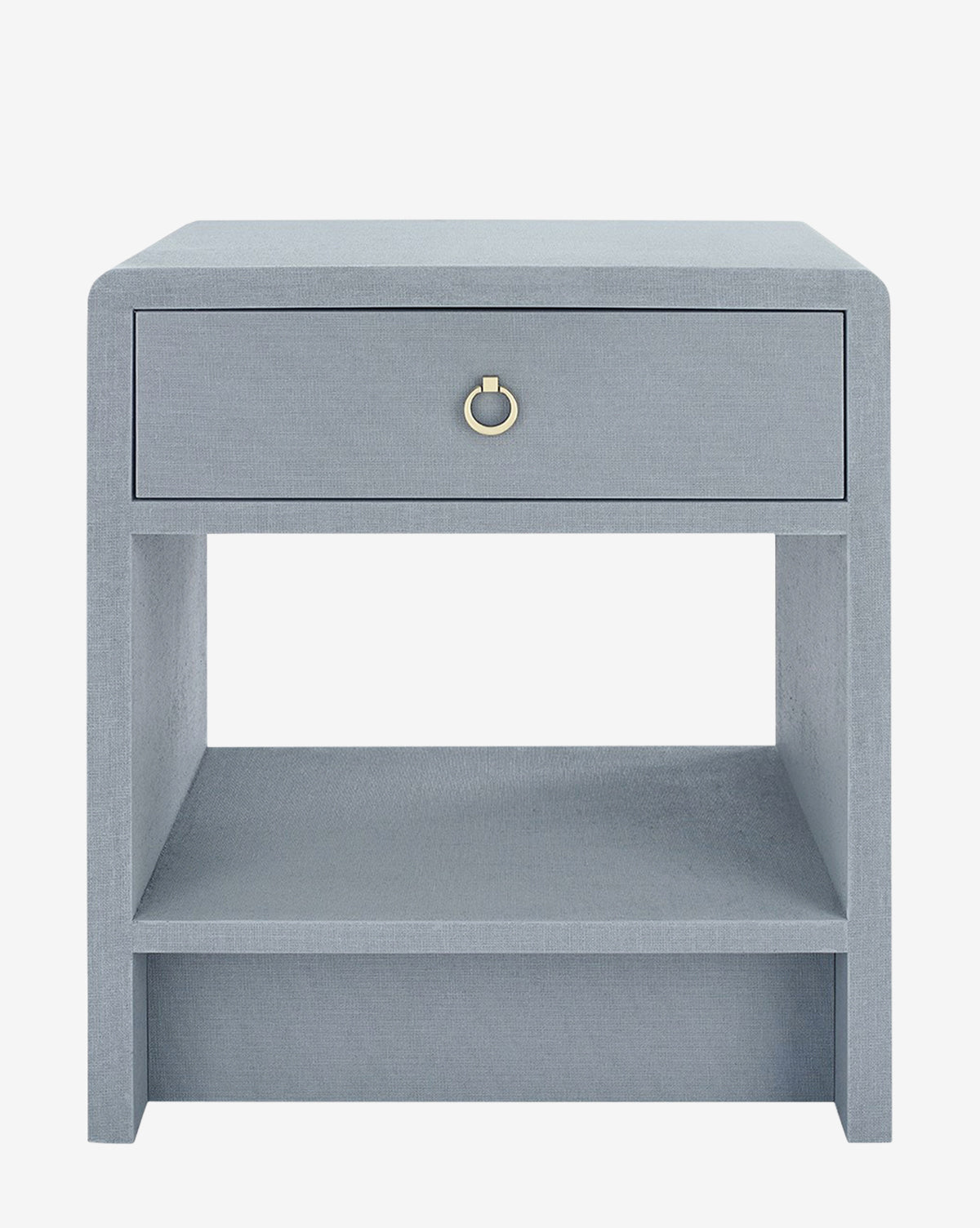 The Briar Nightstand is a modern light blue piece with clean lines, a single drawer with a round metal pull, an open shelf below, and a stylish linen finish. Shown against a plain white background.