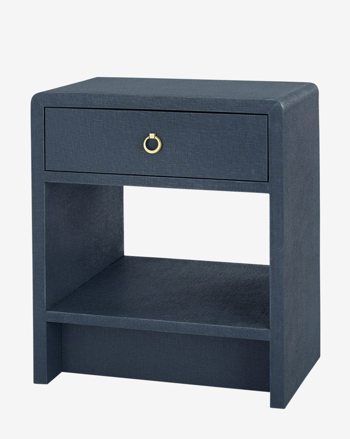 The Briar Nightstand is a modern piece in navy blue with clean lines, a textured linen finish, one drawer with a gold circular pull, and an open lower shelf.