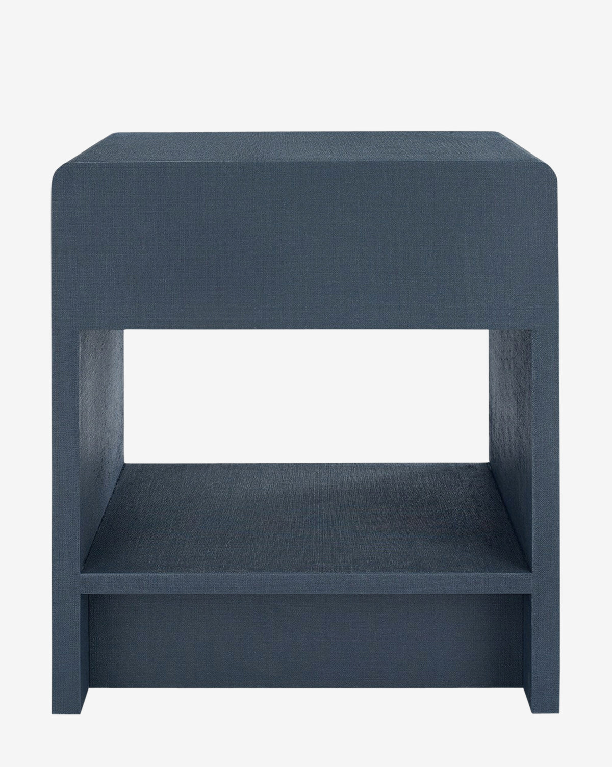 The Briar Nightstand is a modern, rectangular piece in dark blue, featuring clean lines, a smooth linen finish, and an open shelf beneath the top surface for a minimalistic look.
