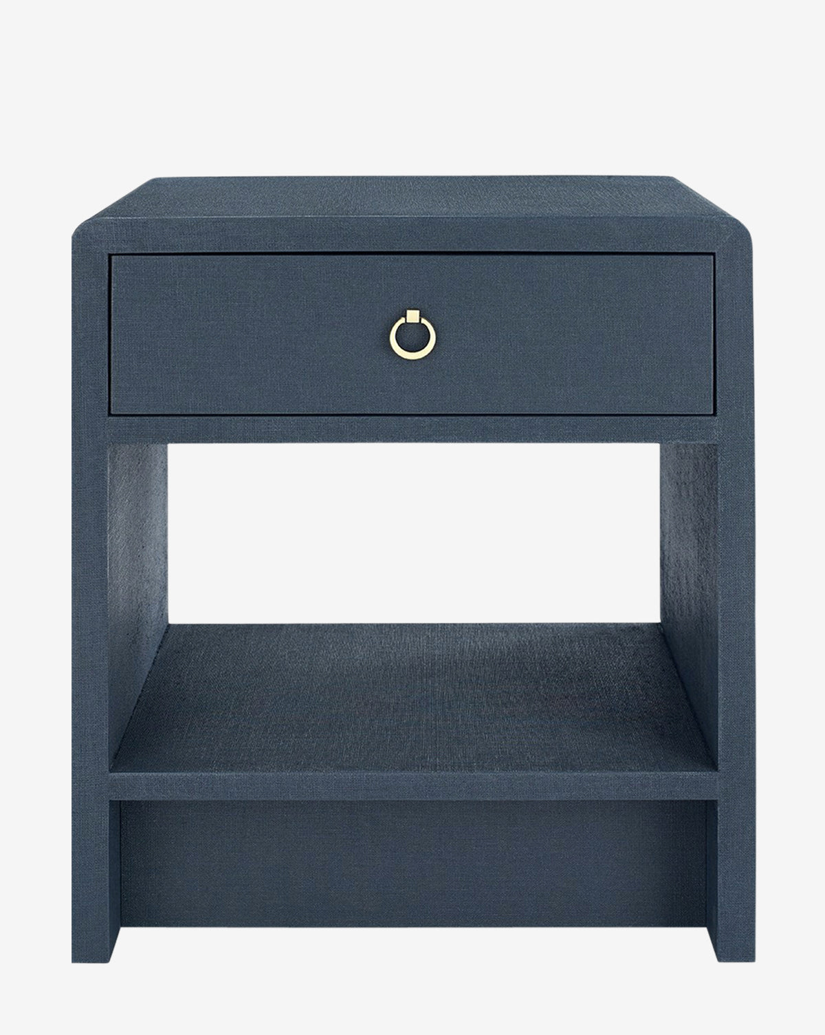 The Briar Nightstand features a modern navy blue design with a single drawer, round brass pull, open shelf, clean lines, and a textured linen finish.