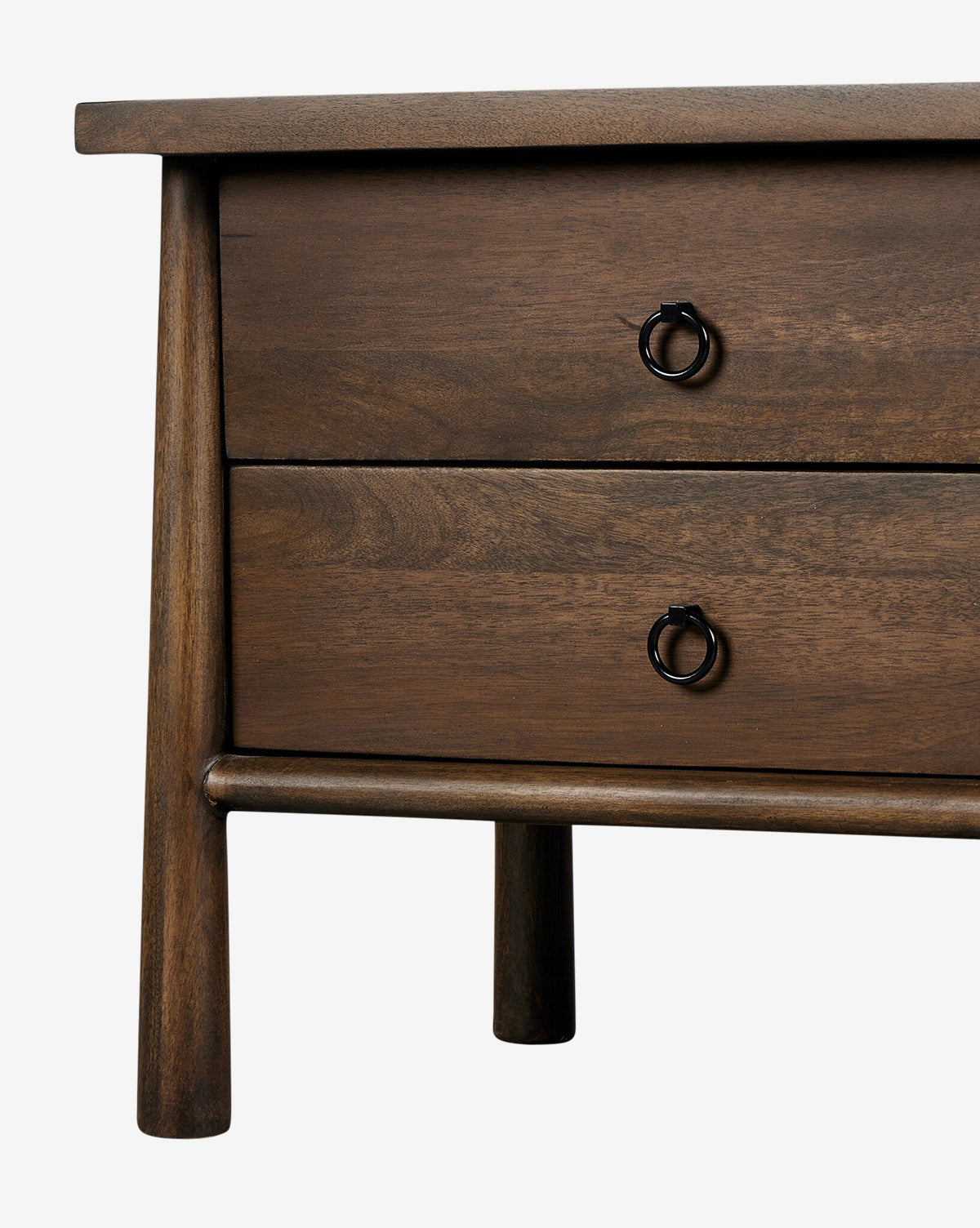 The Bridgewater Nightstand features practical storage drawers with round iron pulls, simple tapered legs, and a dark brown finish, by McGee & Co.