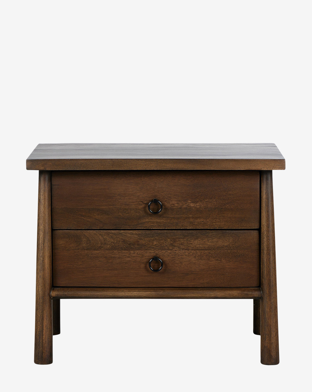 The Bridgewater Nightstand is a dark wooden piece with practical storage drawers, iron drawer pulls, and four rounded legs, shown against a plain white background by McGee & Co.