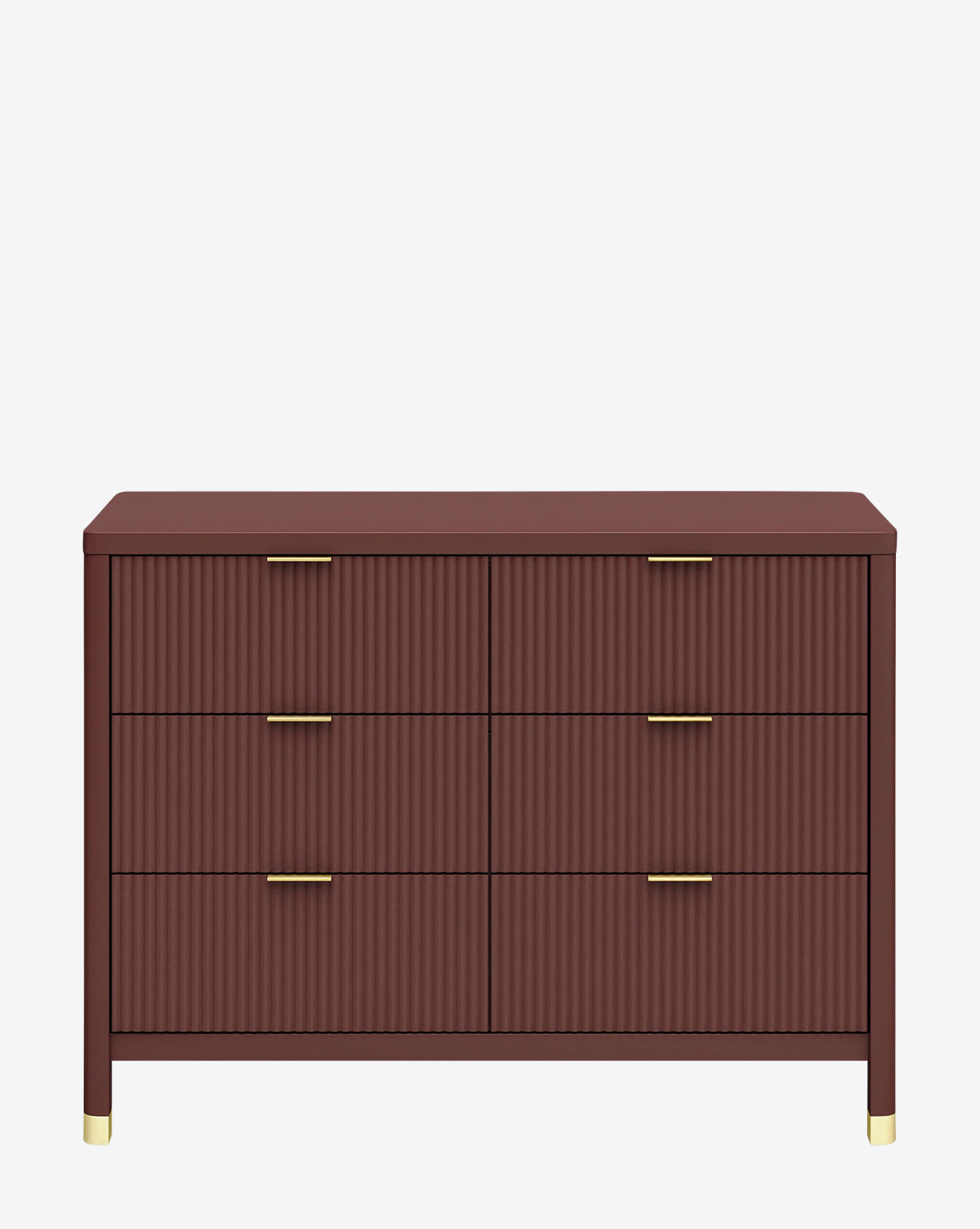 The Brimsley Tambour 6-Drawer Dresser features a brown ribbed front, gold metal handles, and gold-tipped legs, shown against a plain white background by McGee & Co.