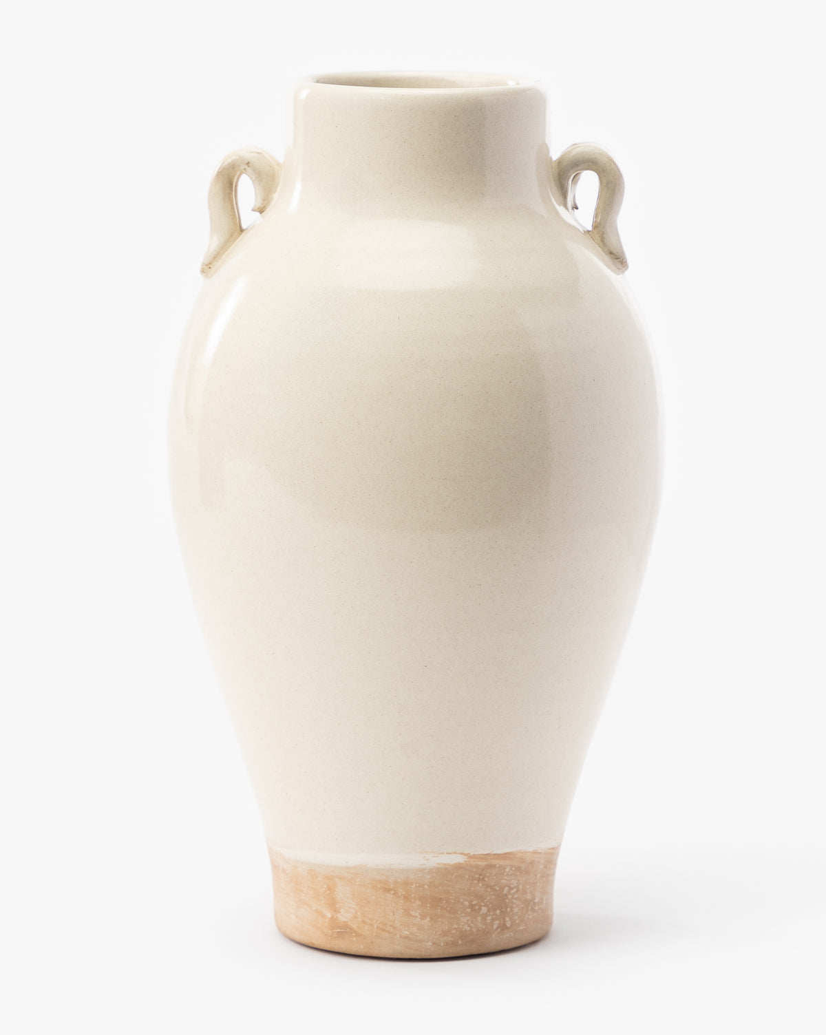 The Brinkerhoff Two Handled Vase is a cream-colored decorative piece with a glossy finish, small side handles near the neck, a slightly rough unglazed base, and a simple rounded shape perfect for any setting, by McGee & Co.