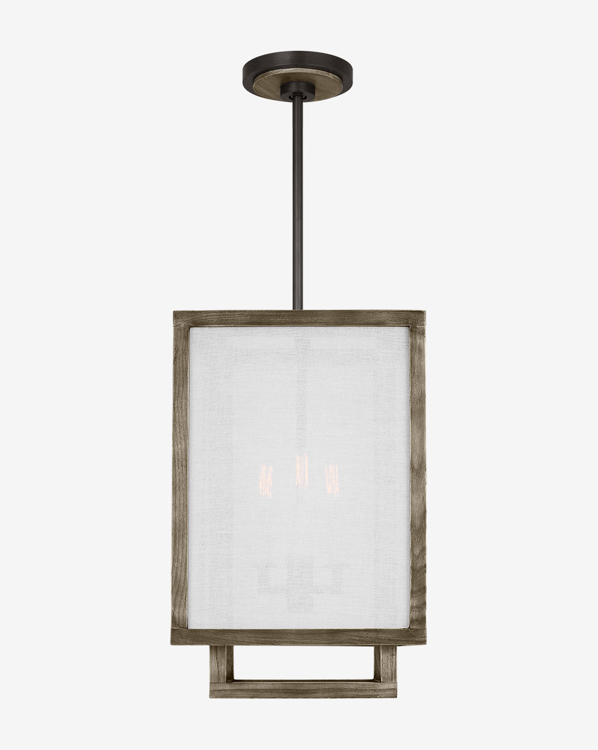 The Brockway Lantern by Visual Comfort Studio - Generation Lighting is a modern pendant with an oak wood square frame and white fabric shade, suspended from a black metal rod—ideal for stylish lighting in any room. McGee & Co.