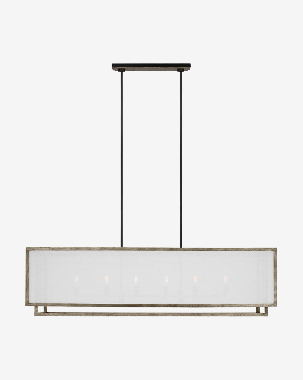 The Brockway Linear Chandelier by Visual Comfort Studio – Generation Lighting features a rectangular metal frame, white fabric shade, and six exposed bulbs, suspended from the ceiling with two black rods for a bold geometric look. McGee & Co.