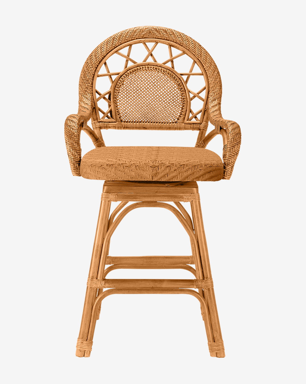 The Brodie Counter Stool by Made Goods showcases a handwoven rattan swivel design, round lattice backrest, curved armrests, and cushioned seat in natural light brown for vintage-inspired style. McGee & Co.