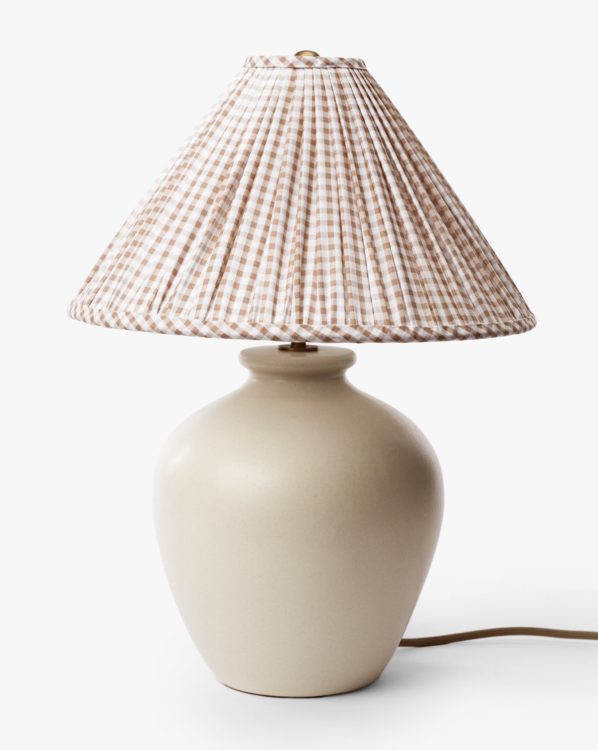 The Bronwyn Table Lamp features a beige ceramic base and a brown and white gingham pleated shade, shown against a plain white background, by McGee & Co.
