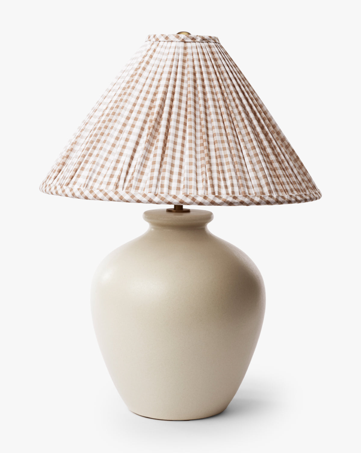 The Makerspalm Bronwyn Table Lamp features a vintage cream ceramic base and a beige-and-white gingham pleated shade, shown against a white background. McGee & Co.