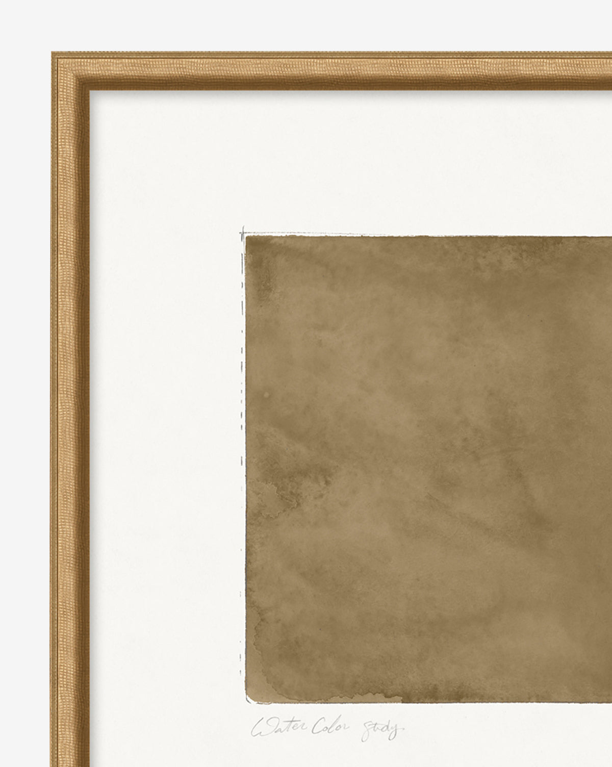 A framed abstract art print called “Bronze Study” features a large, textured brown rectangle with uneven edges on a white background. The light wood frame complements this modern wall art, with the title displayed below the artwork.