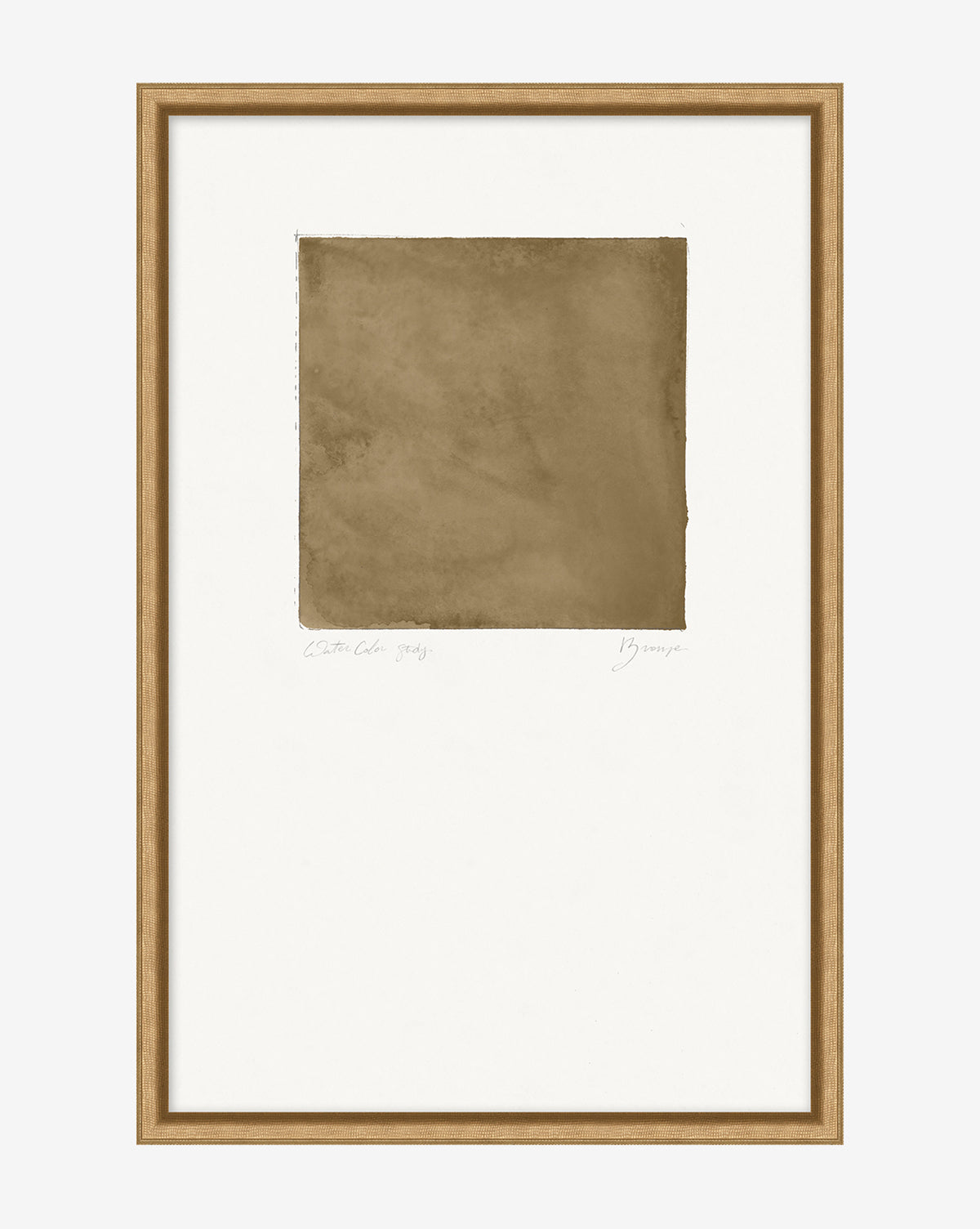 Bronze Study: A minimalist abstract art print shows a textured olive-brown square centered on white, framed in light wood. Faint handwritten text beneath the square adds subtle depth to this distinctive bronze wall art piece.
