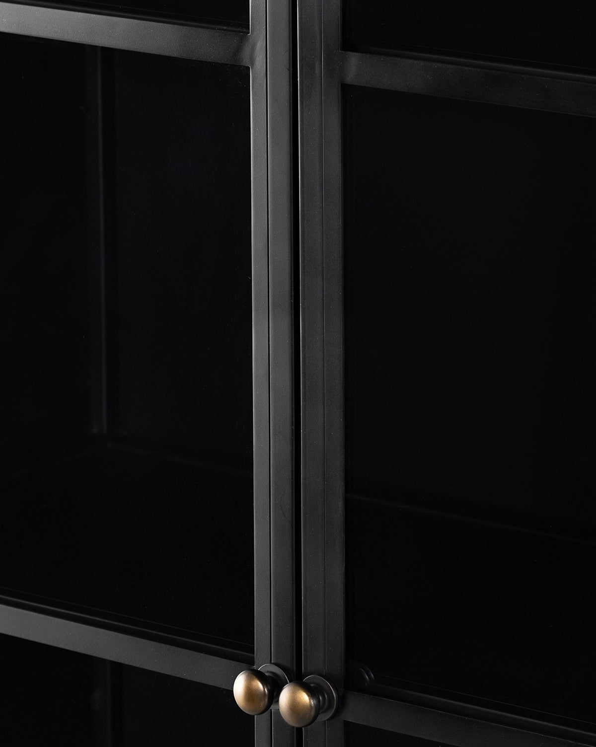 Close-up of the Brookes Cabinets glass doors with two metallic round handles, showcasing the sleek, modern design and elegant details of this contemporary cabinet, by McGee & Co.