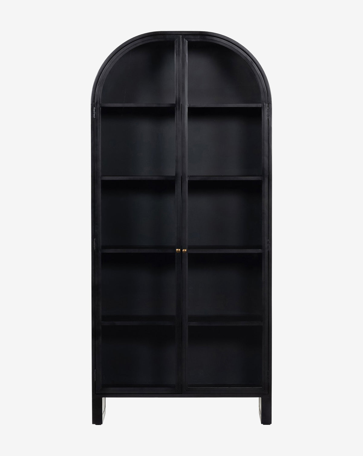 The Brookes Cabinet is a tall, black iron storage unit with glass doors, four shelves, thin gold handles, and a minimalist modern design, shown here against a plain white background by McGee & Co.