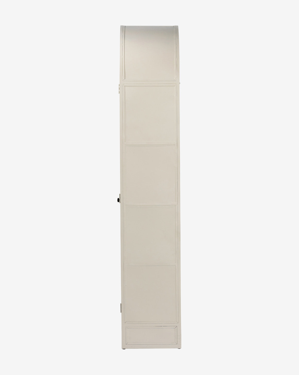 The Brookes Cabinet, tall and narrow with a curved top, is shown from the side against a plain white background. Its sleek beige design offers stylish storage, making it ideal for modern interiors by McGee & Co.