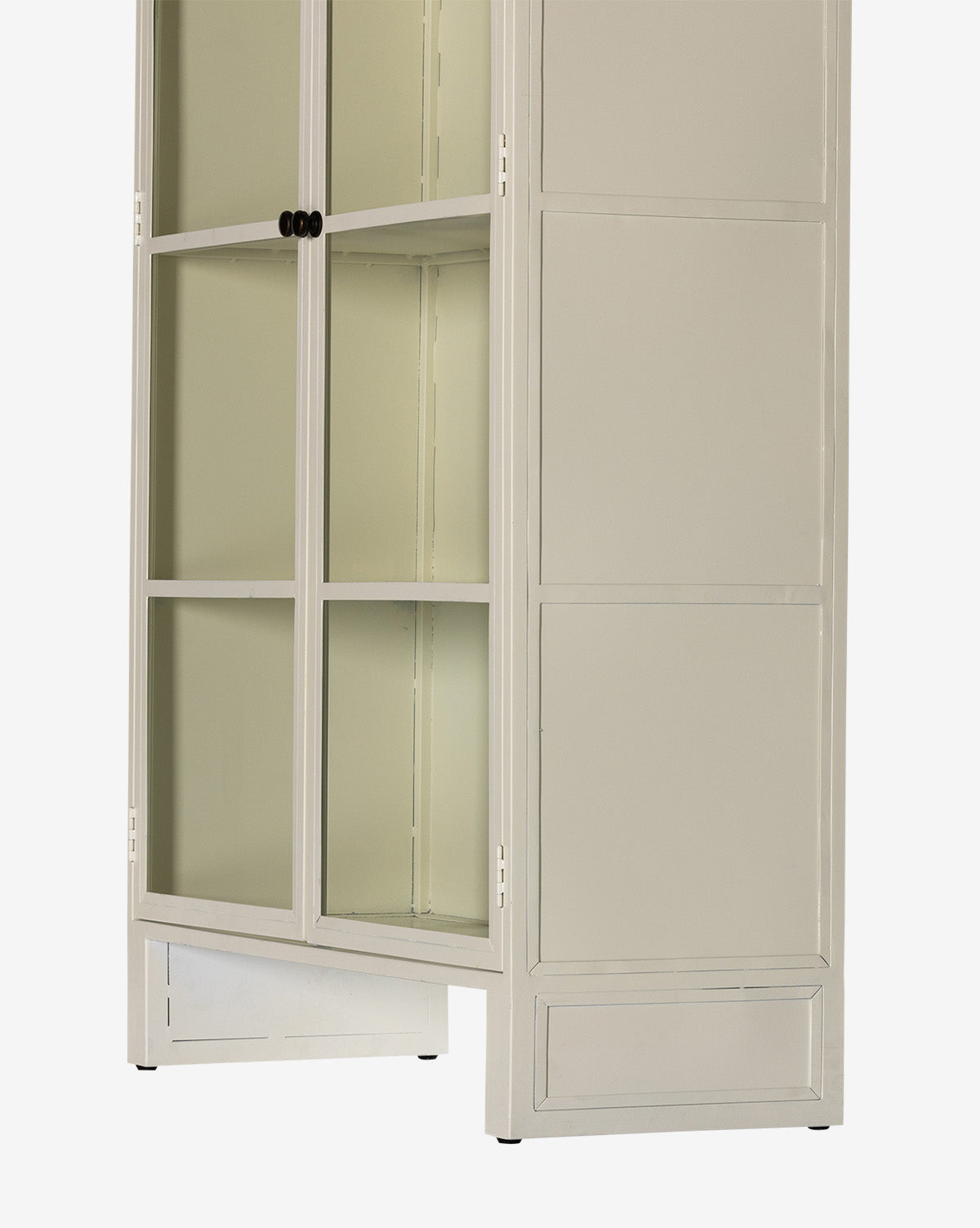 The Brookes Cabinet is a tall, beige cabinet with glass doors, dark round handles, and empty shelves. It stands on short legs against a plain white background, by McGee & Co.