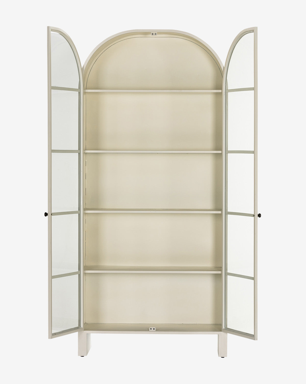 The Brookes Cabinet is a tall, arched white glass door cabinet with five empty shelves. Its open doors reveal a spacious, elegant interior, standing gracefully against a plain background, by McGee & Co.