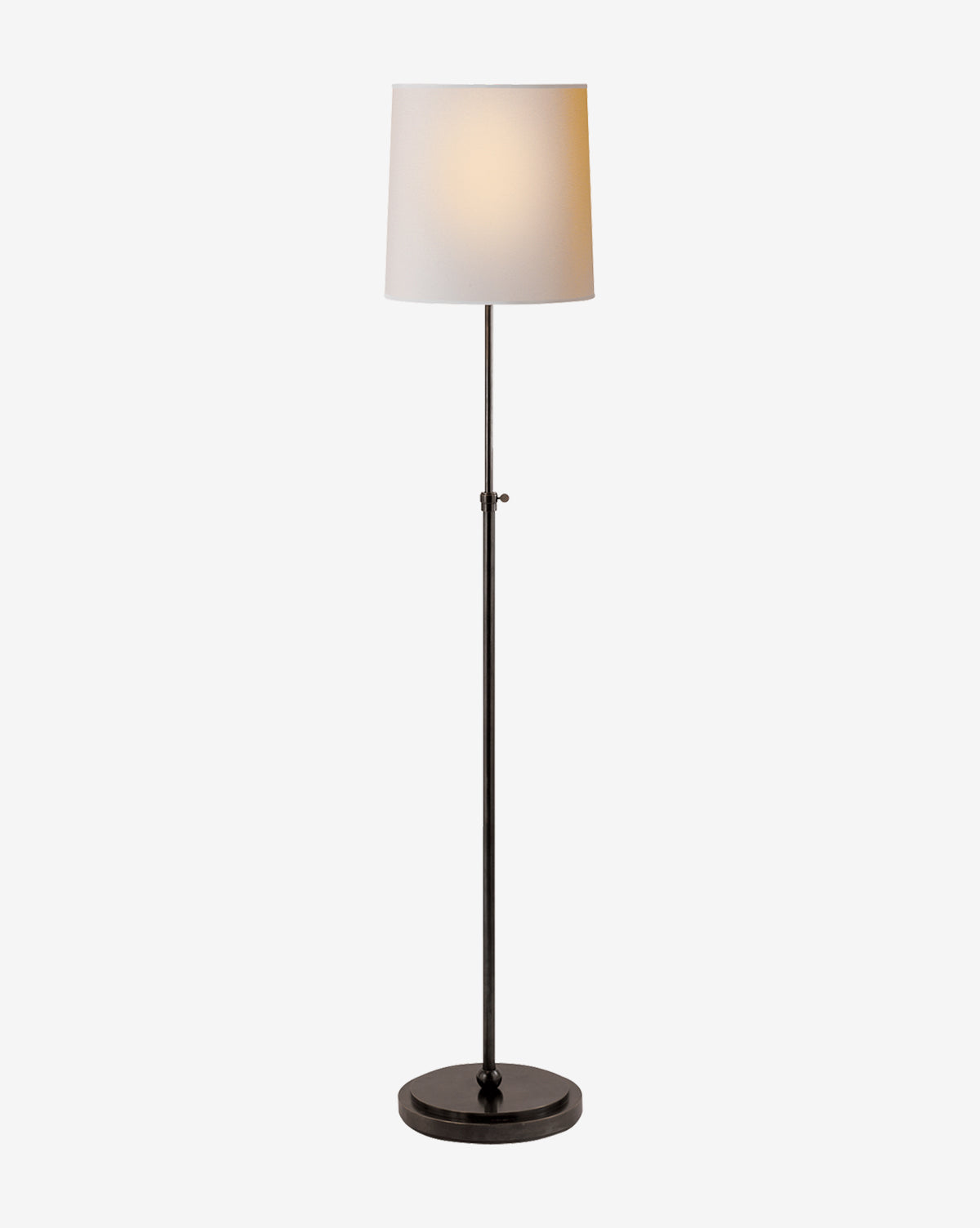 The Bryant Floor Lamp by Visual Comfort & Co. Signature features a round black base, slim black stand, and simple white linen shade, adding classic elegance to any room against a plain white background—available at McGee & Co.