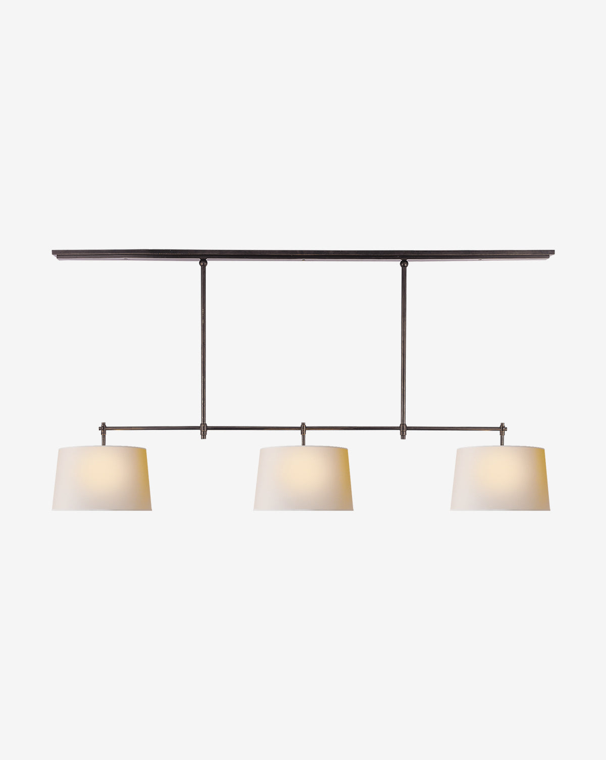 The Visual Comfort & Co. Signature Bryant Large Billiard features three evenly spaced white lampshades on a horizontal black bar, showcasing minimalist style. Photographed against a plain white background, its a classic modern ceiling fixture. McGee & Co.