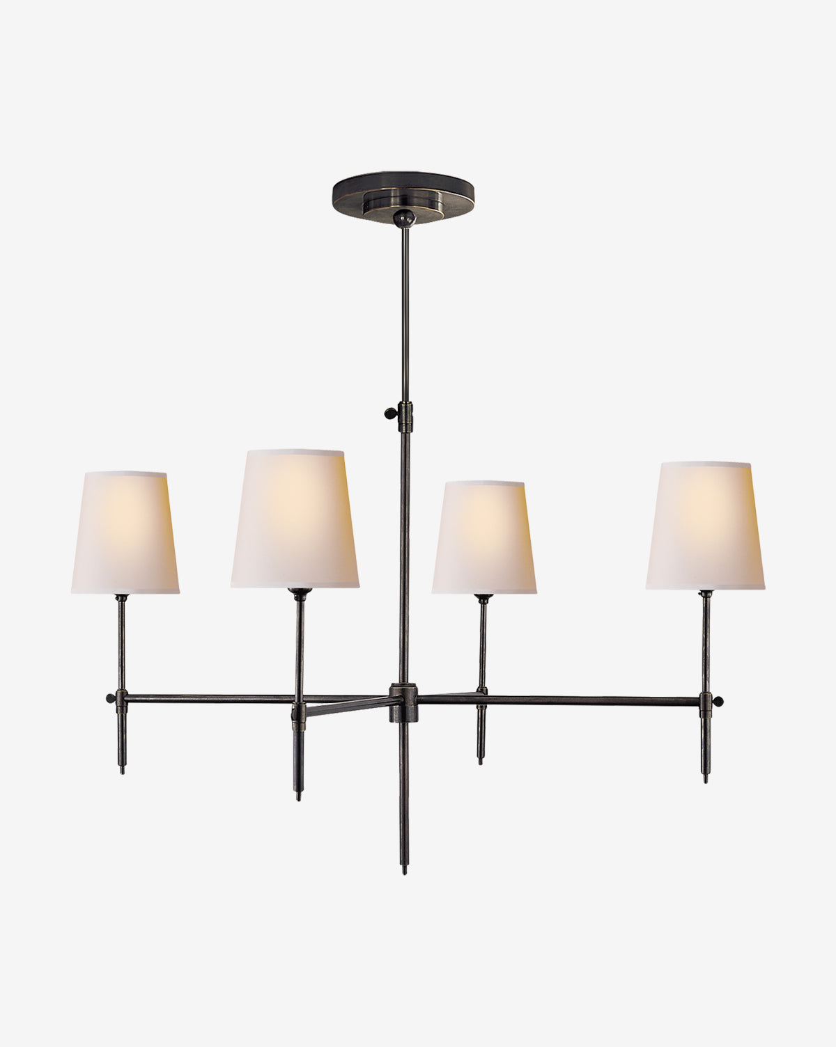 The Visual Comfort & Co. Signature Bryant Large Chandelier features four linen shades on slim black metal arms in a rectangular design, suspended from a ceiling mount. McGee & Co.