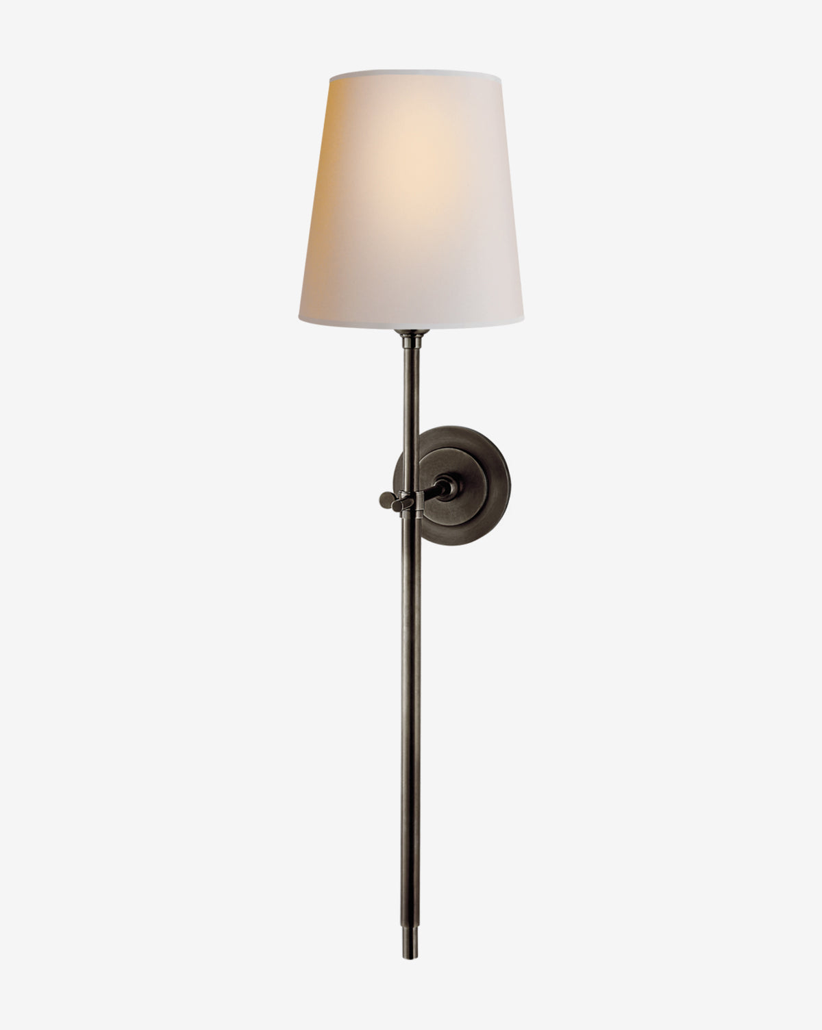 The Visual Comfort & Co. Signature Bryant Large Tail Sconce features a slim dark metal rod, round base, and softly glowing white cone-shaped shade for timeless elegance. McGee & Co.