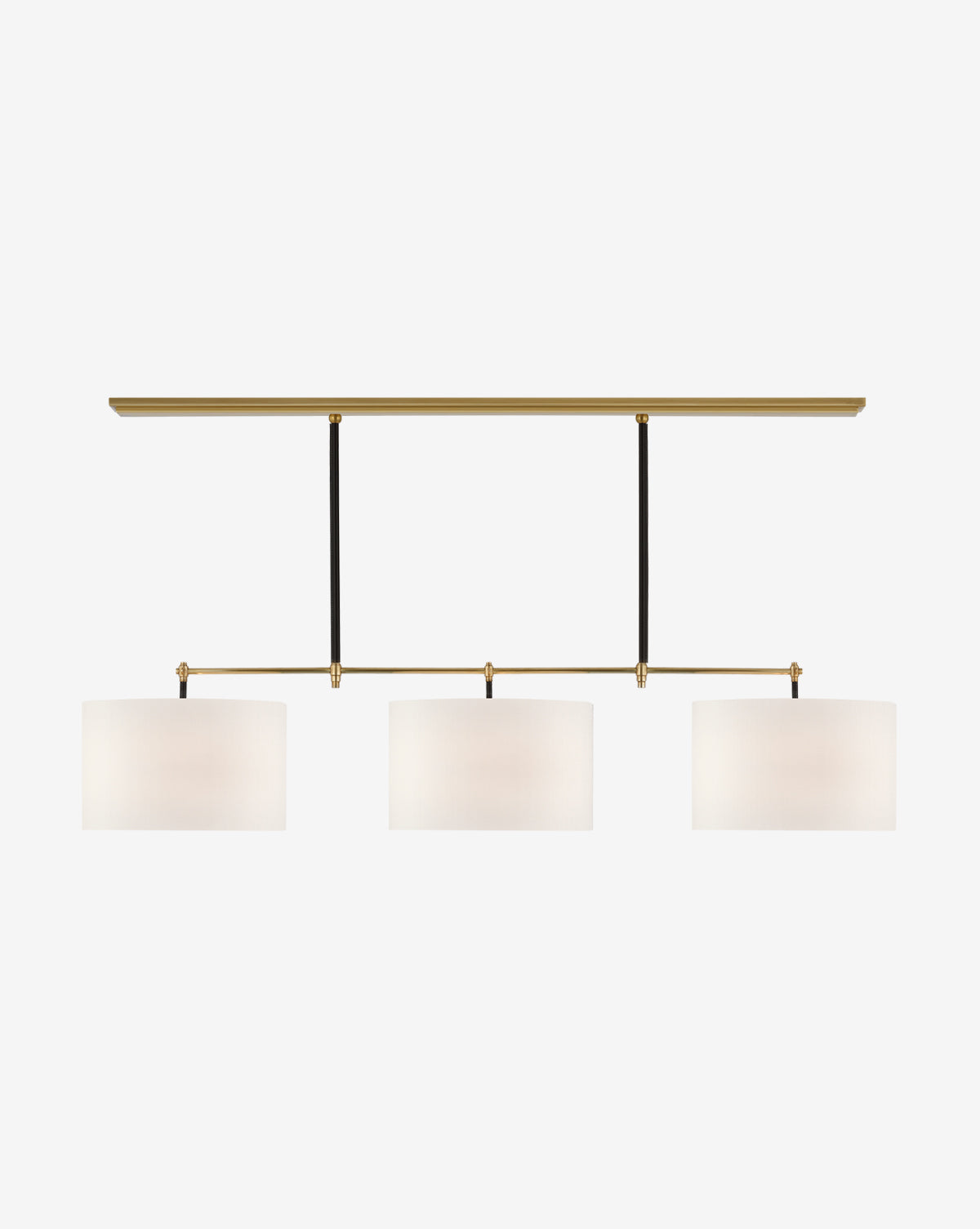 The Bryant Large Wrapped Billiard Chandelier by Visual Comfort & Co. Signature features three cylindrical white shades suspended from a gold bar with black rods, blending modern elegance and minimalist style for sophisticated spaces. McGee & Co.