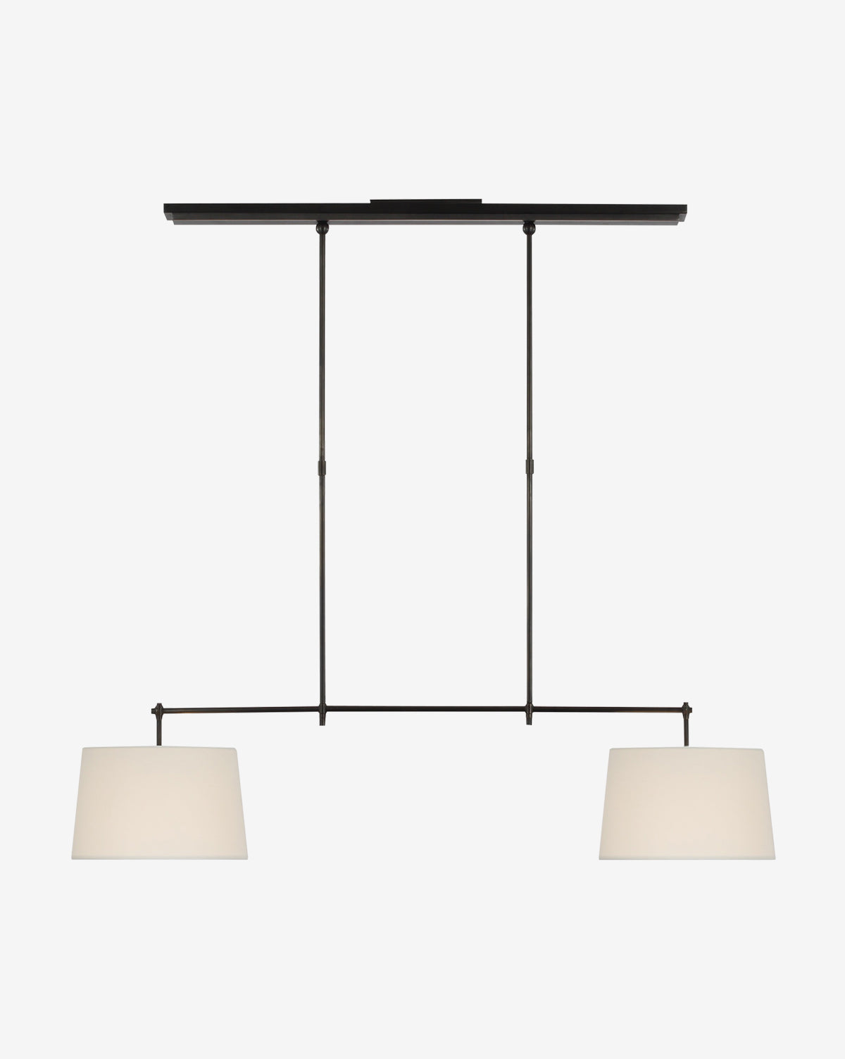 The Visual Comfort & Co. Signature Bryant Medium Billiard features a black metal frame and two white linen shades on slim rods, offering an elegant look that enhances any modern space—McGee & Co.