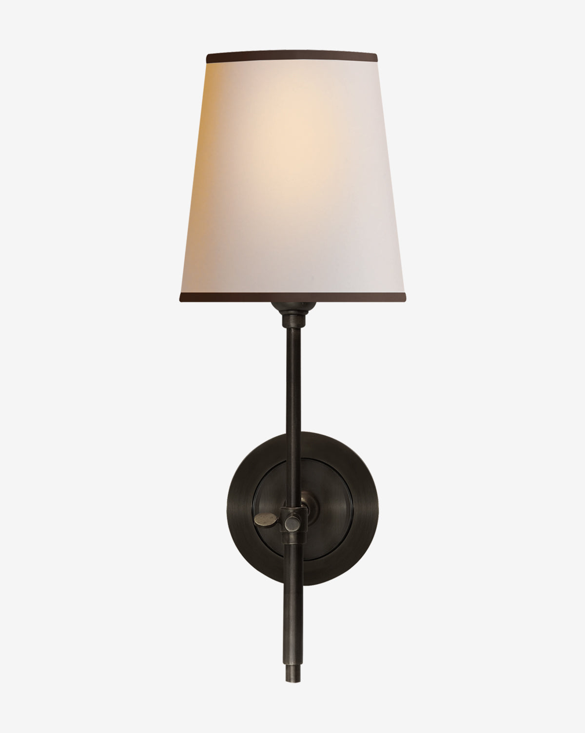 The Bryant Sconce by Visual Comfort & Co. Signature features a round black metal base, vertical rod, and a white tapered lampshade with dark trim, offering an elegant lighting solution for any space—available at McGee & Co.