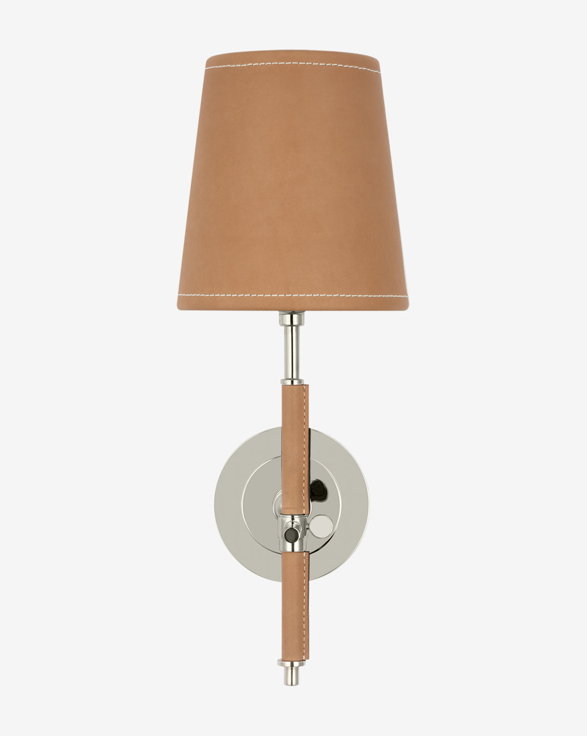 The Bryant Wrapped Sconce by Visual Comfort & Co. Signature features a tan leather lampshade and matching leather-wrapped metal arm, both set on a round, silver-toned base, by McGee & Co.