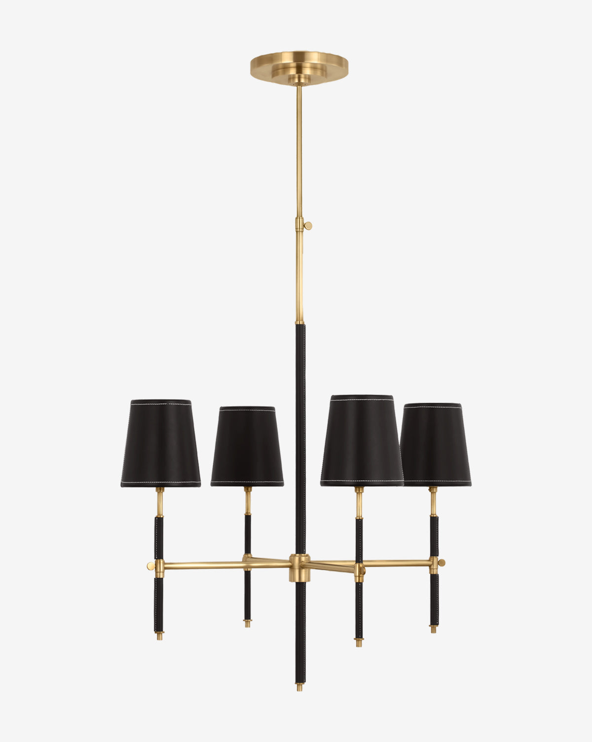 The Visual Comfort & Co. Signature Bryant Wrapped Chandelier features a gold frame, black rod accents, and four black lampshades, suspended from a gold ceiling mount against a plain white background. McGee & Co.