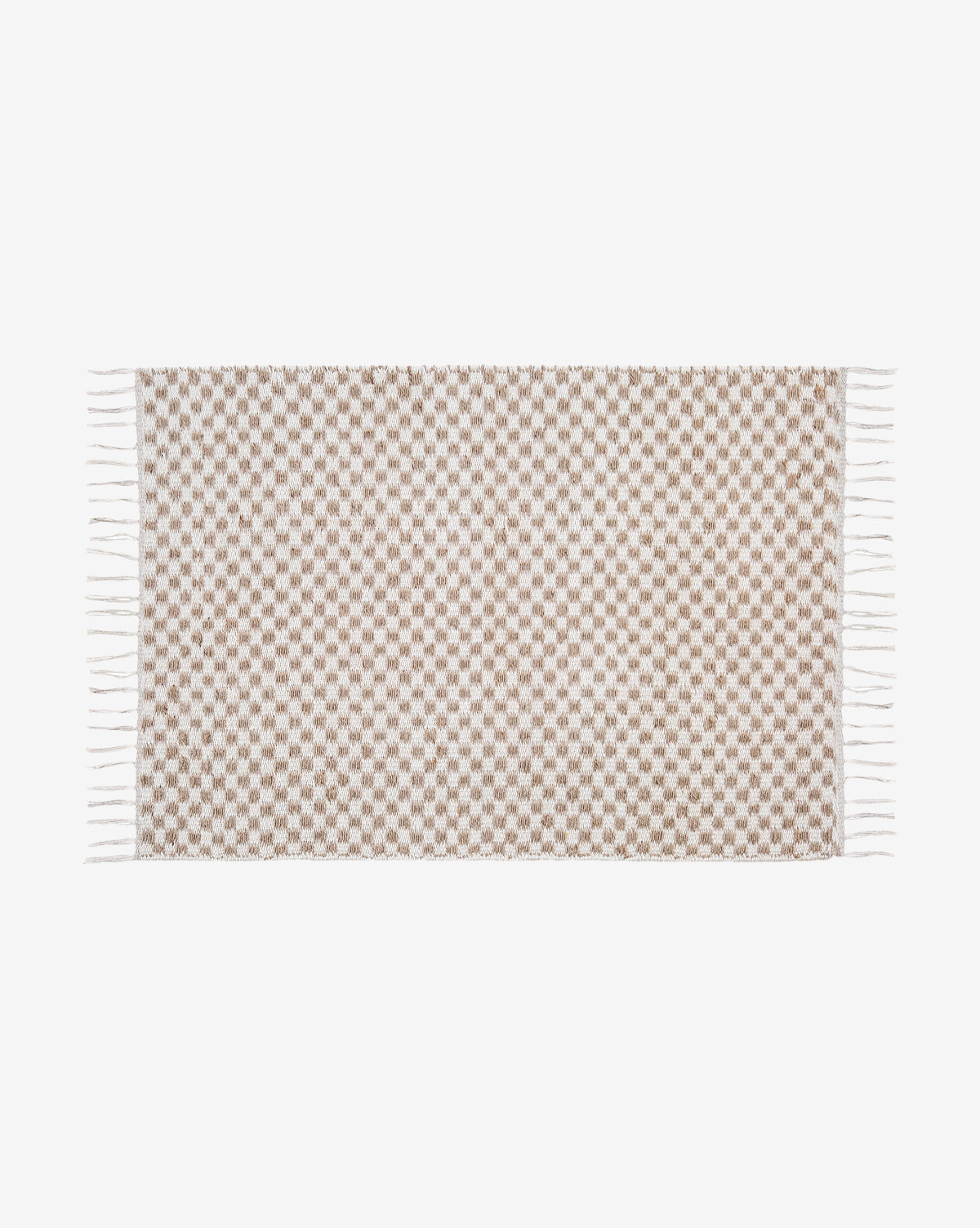 The Bullock Handwoven Jute Rug features a checkered beige and white pattern, organic texture, and short white fringe on both shorter sides, by McGee & Co.
