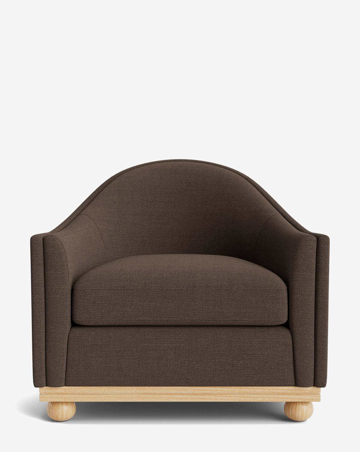 The Makerspalm Bunnell Lounge Chair is a wide, modern armchair with dark brown upholstery, curved backrest and arms, plus a light wood base with round wooden feet—an elegant customizable piece shown against a white background from McGee & Co.