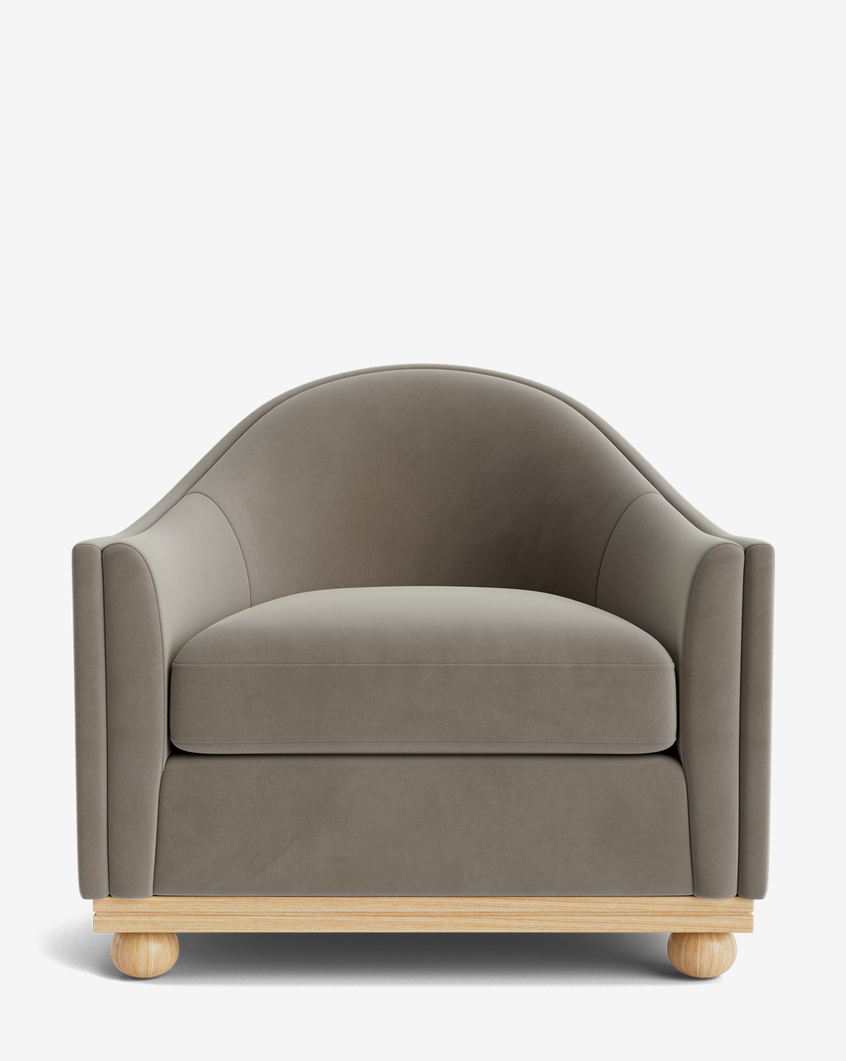 The Test Bunnell Lounge Chair (Copy) is a modern, taupe armchair with curved armrests, plush cushions, a rounded backrest, light wooden legs, and a customizable minimalist contemporary design by McGee & Co.