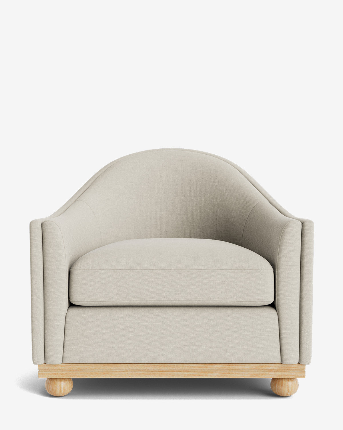 The Bunnell Lounge Chair is a modern seat with light beige upholstery, a curved backrest, wide cushion, and minimalist wooden legs—shown against a plain white background by McGee & Co.
