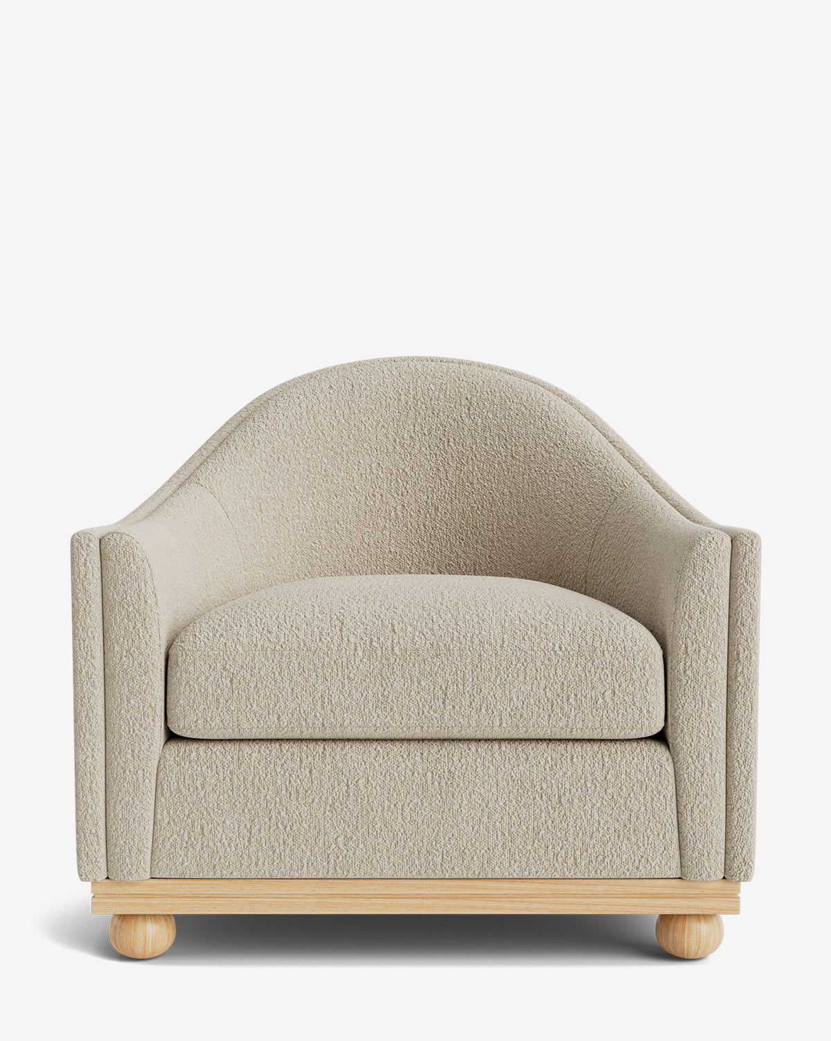 The Test Bunnell Lounge Chair (Copy) features a modern curved back, light beige textured upholstery, and a wooden base with round feet—an elegant customizable lounge chair shown from the front on a white background by McGee & Co.