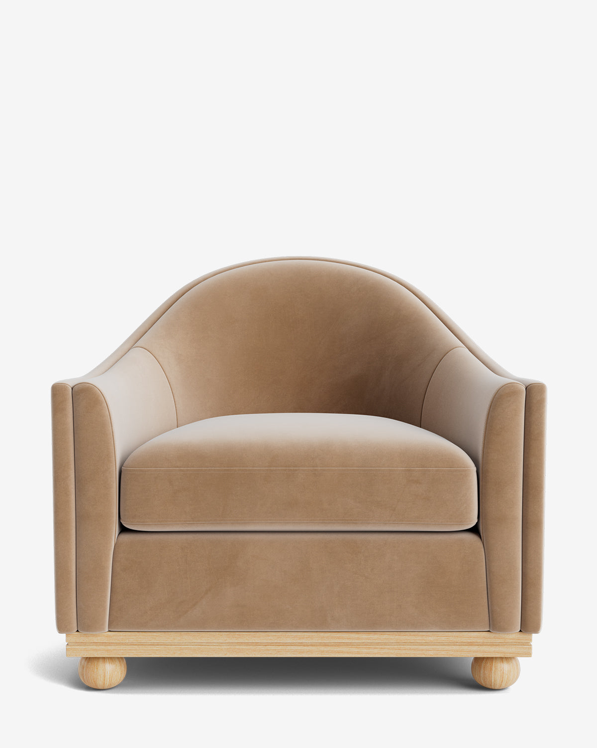 The Test Bunnell Lounge Chair (Copy) features a modern design with a tan velvet finish, curved backrest, wide seat, and smooth wooden base—an elegant made-to-order addition to any space, by McGee & Co.