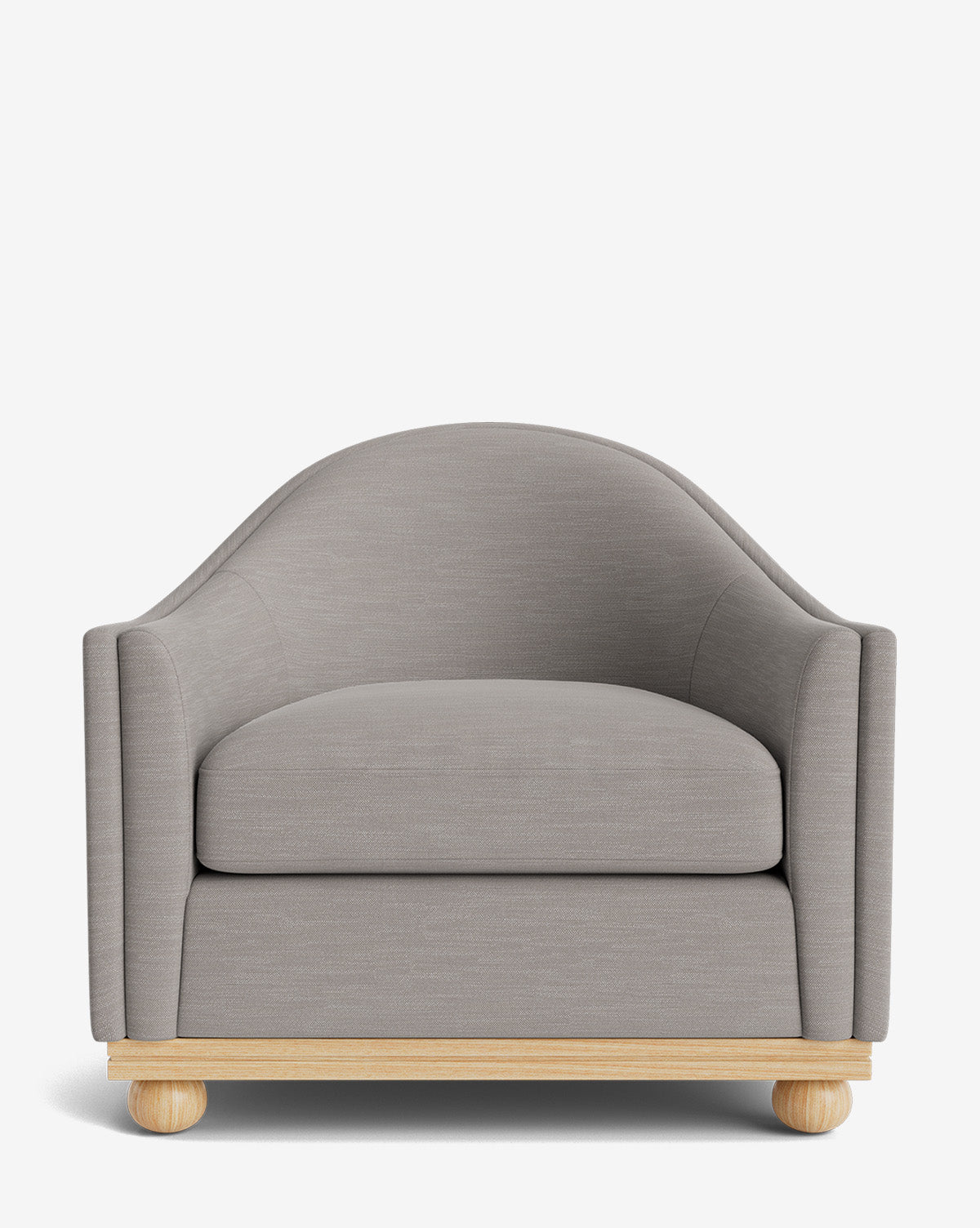 The Bunnell Lounge Chair features light grey upholstery, a curved backrest, and a thick seat cushion on a light wooden base with round feet, shown against a plain white background by McGee & Co.