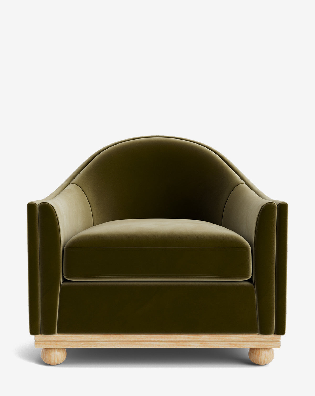 The Test Bunnell Lounge Chair (Copy) features plush olive green velvet, rounded arms and backrest, a thick cushioned seat, and a light wood base with four round legs—customizable and shown against a plain white background, by McGee & Co.