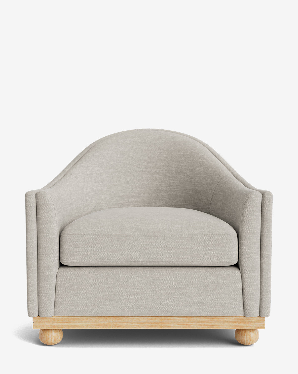 The Bunnell Lounge Chair showcases light beige upholstery, rounded arms, a curved backrest, and a plush seat cushion atop a light wooden base with round feet, making it ideal for contemporary interiors, by McGee & Co.
