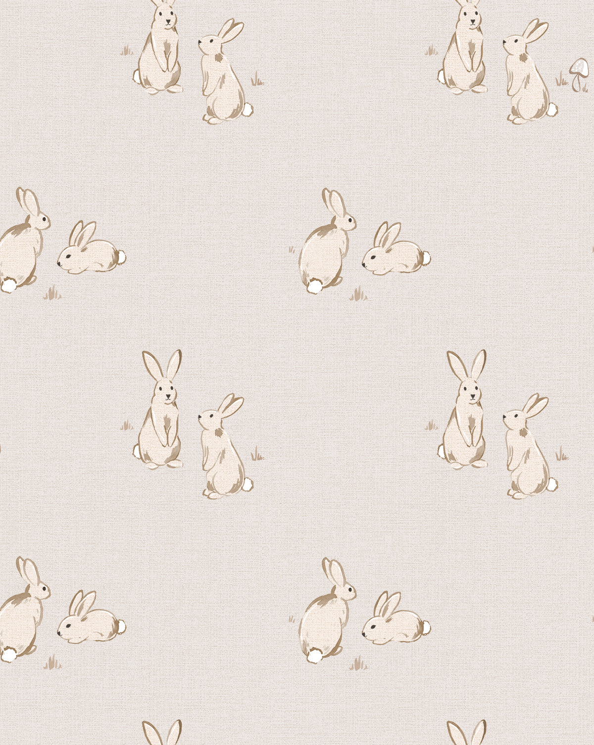 Wallpaper with soft taupe bunnies on a muted gray background in a playful, pastel design by McGee & Co.