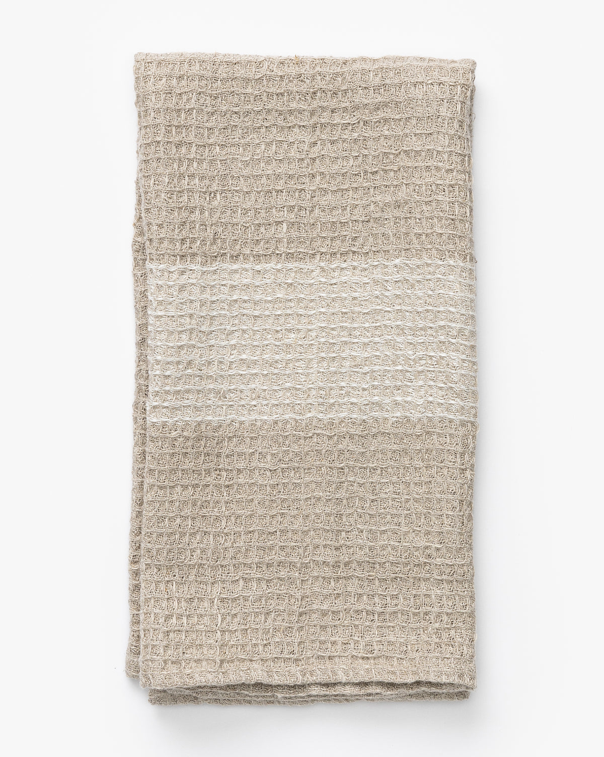 The Bunton Waffle Tea Towel, in beige linen with a lighter horizontal band and waffle weave texture, is neatly folded against a white background, by McGee & Co.