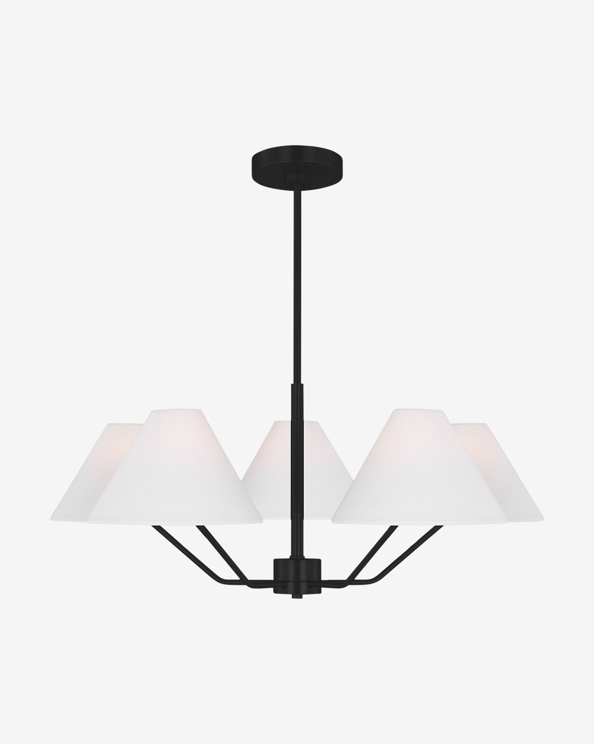 The Burke Chandelier by Visual Comfort Studio - Generation Lighting features four angled arms with white, cone-shaped shades and a sleek black steel finish, suspended elegantly from the ceiling by a central rod. McGee & Co.