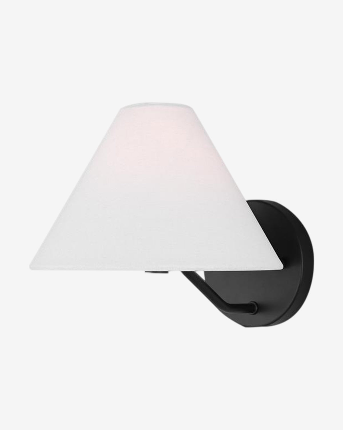 The Burke Medium Sconce by Visual Comfort Studio - Generation Lighting features a black metal base and arm with a wide white linen shade, offering a modern and versatile design suitable for many interior styles by McGee & Co.