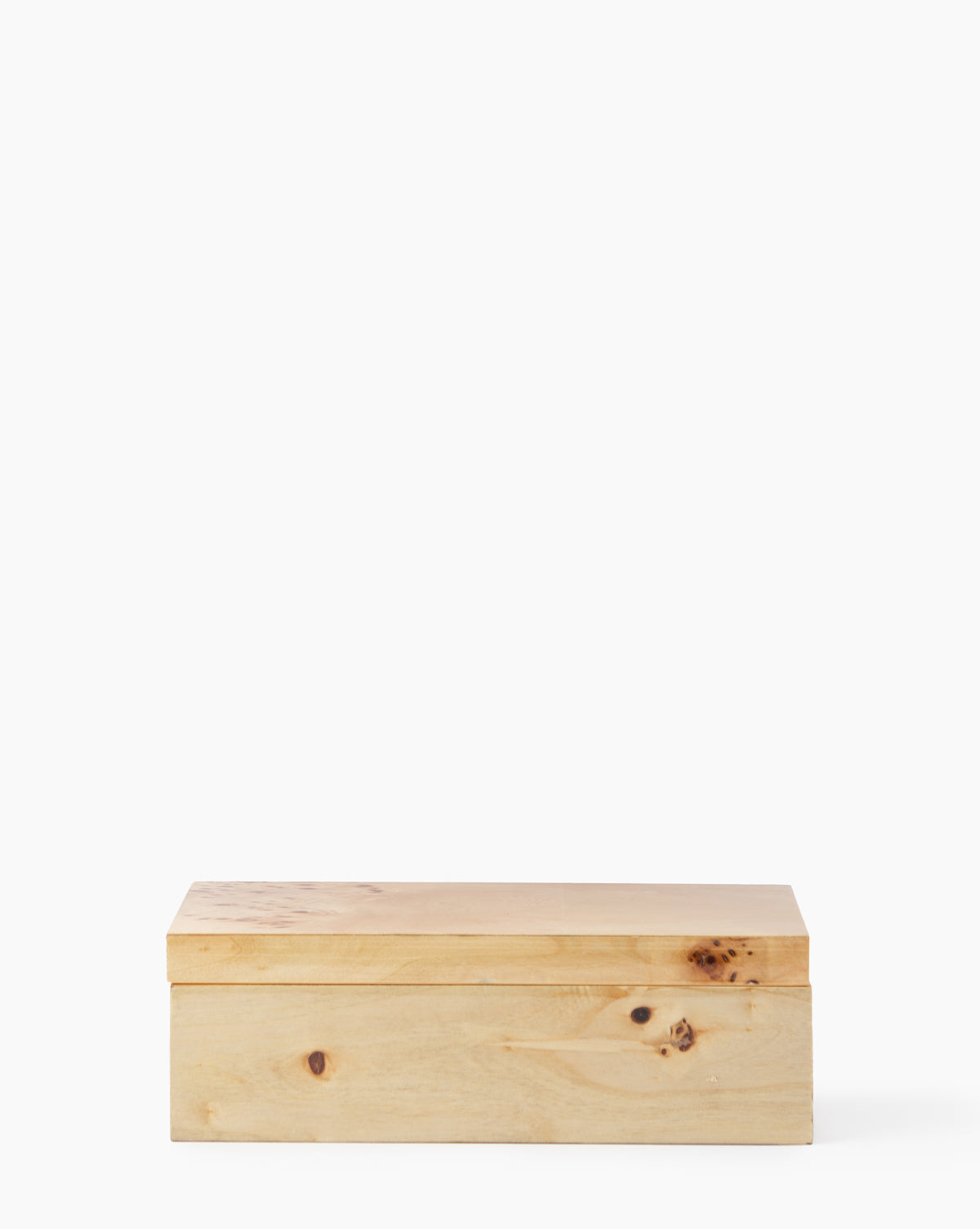 The Burl Wood Box is rectangular with a smooth, light-colored burl wood finish and natural grain, showcasing contemporary style against a plain white background.