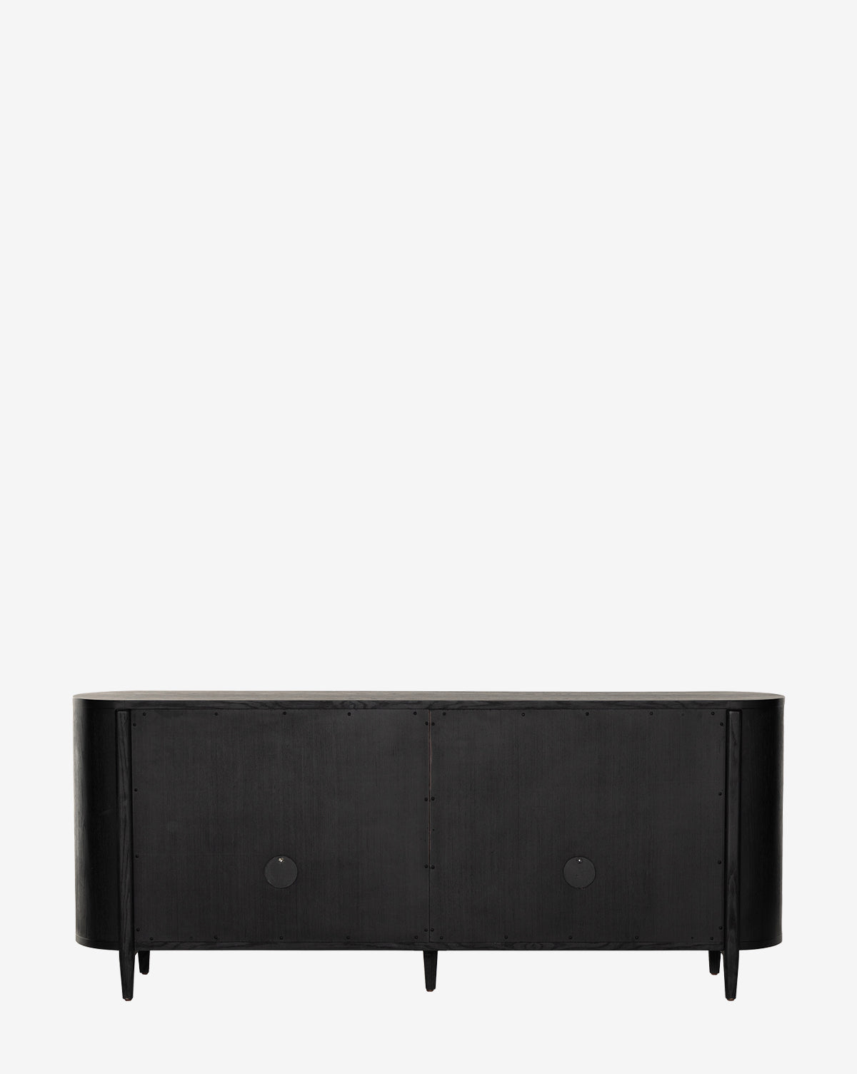 The Burton Sideboard is a modern black piece with rounded edges and four legs, featuring two large front doors with circular handles, shown against a plain white background by McGee & Co.