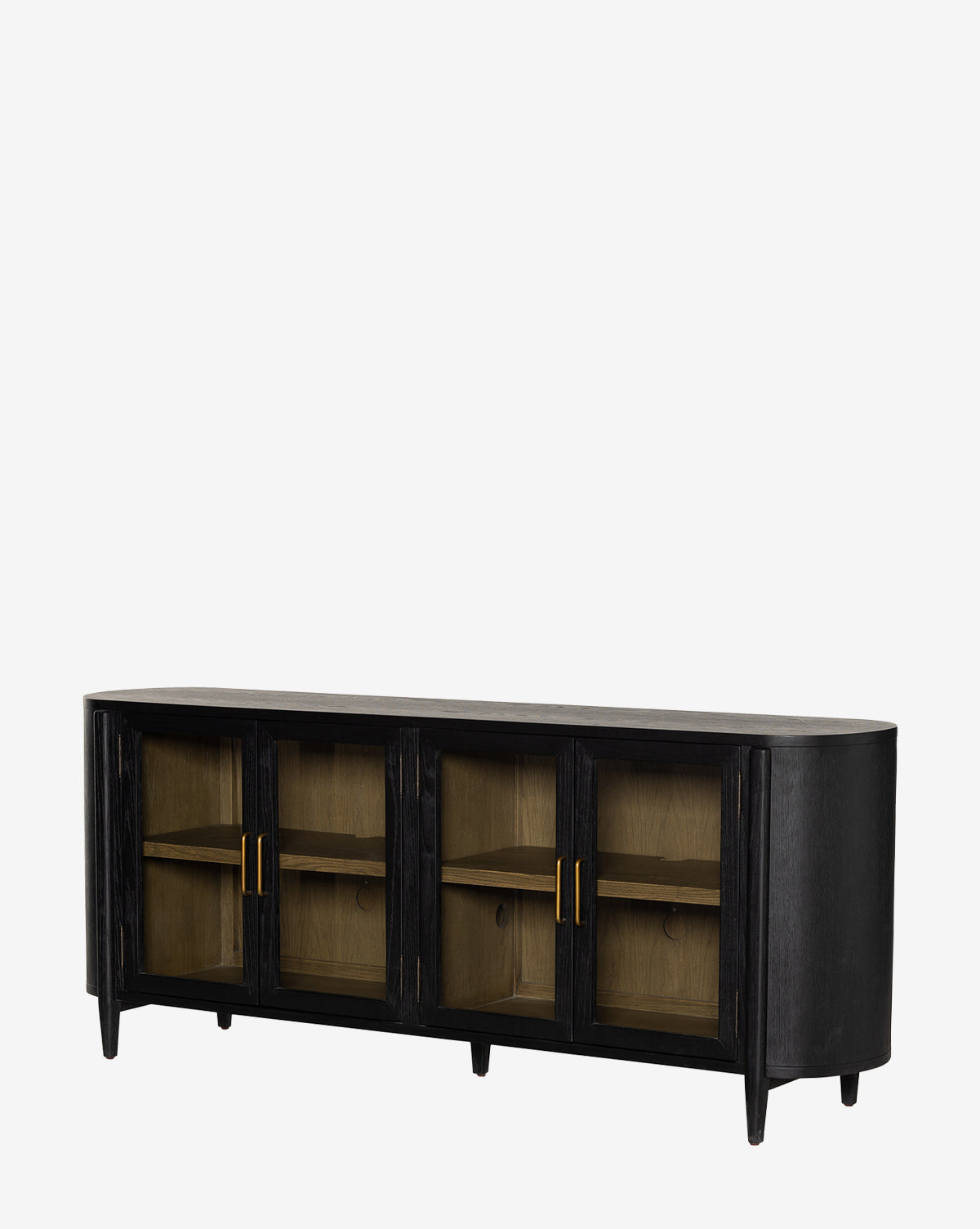 The Burton Sideboard features a modern black design with four glass-paneled doors, gold handles, and interior shelves, shown against a plain white background by McGee & Co.