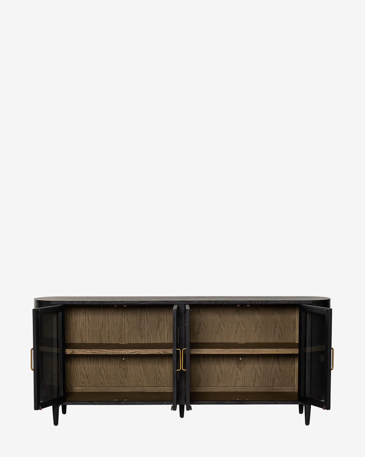 The Burton Sideboard is a black oak sideboard with four glass doors, gold handles, and two inner shelves in a light oak interior. It stands on four legs and is shown against a plain white background, by McGee & Co.